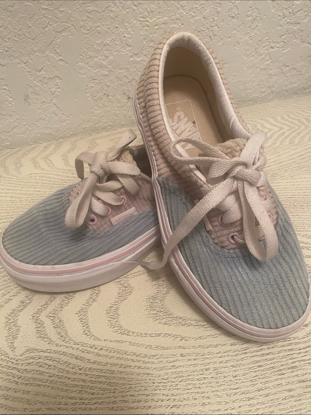 Vans Women’s Corduroy Low-Top Sneakers in Light Blue and Cream with Pink Accents